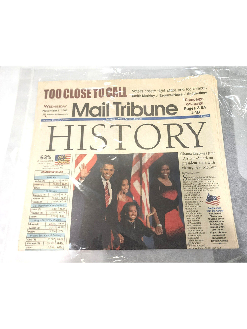 Vintage Mail Tribune Nov 5 2008 Barack Obama Family Election History Newspaper